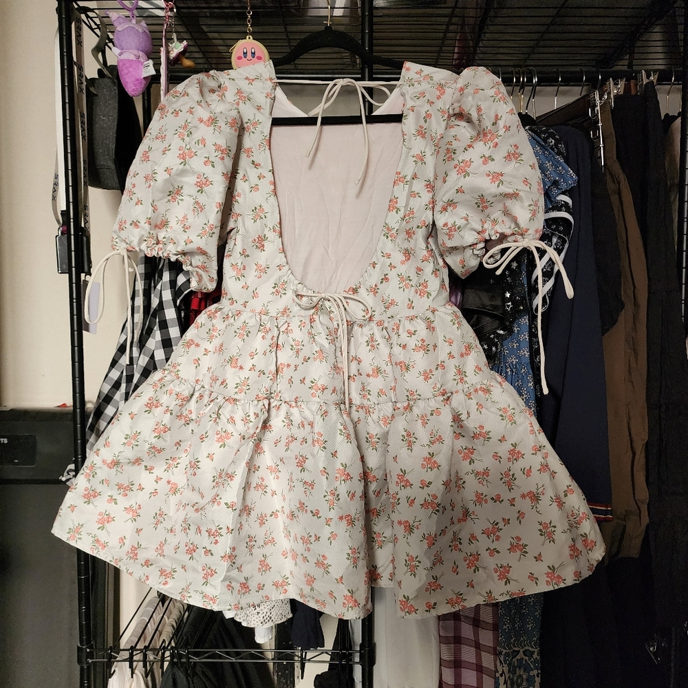 Dream Sister Jane Jaquard Puff Sleeve Babydoll Mini Dress, Small - Picture 5 of 8